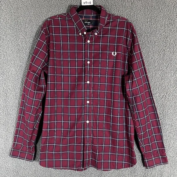 Fred Perry Plaid Cotton Button Down Long Sleeve Shirt - Men's Size XL - Red - Picture 1 of 9